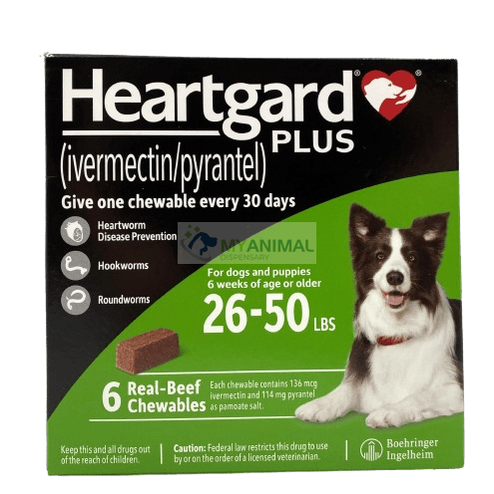 Heartgard Plus Chewables Heartworm Roundworm Hookworm Prevention for Dogs (26 to 50lb)