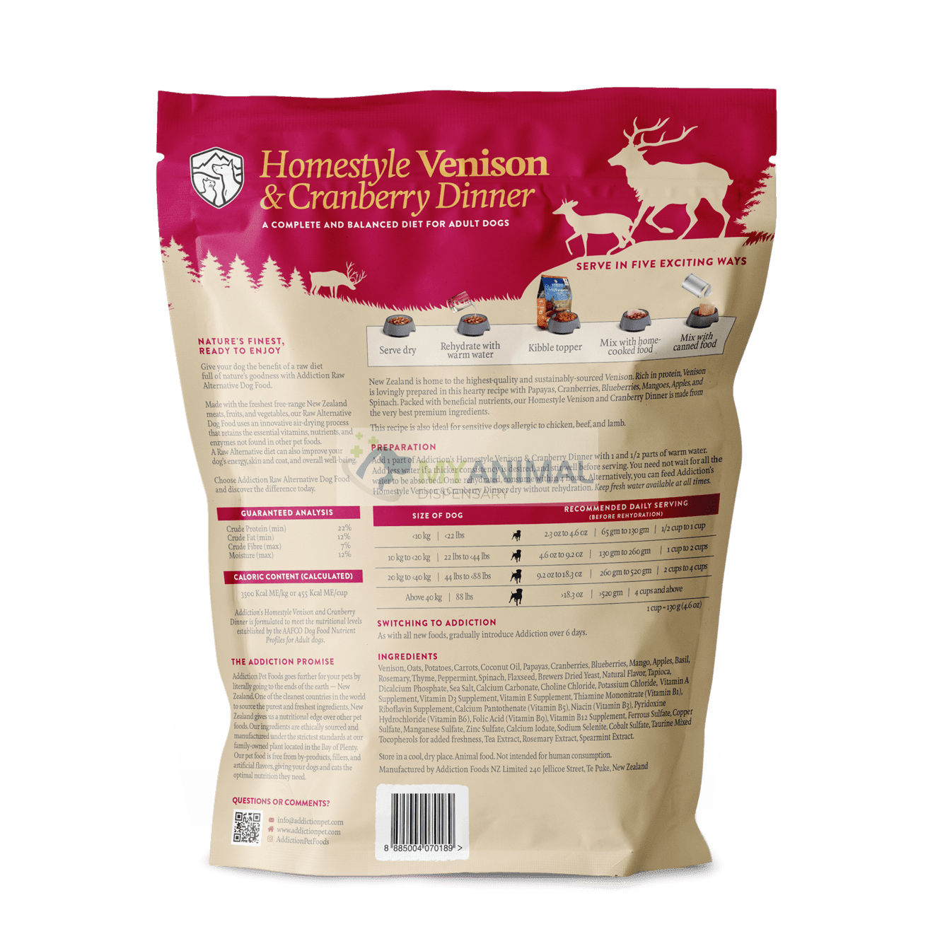 Addiction Homestyle Venison & Cranberry Dinner Raw Dehydrated Food for Dogs (2lbs)