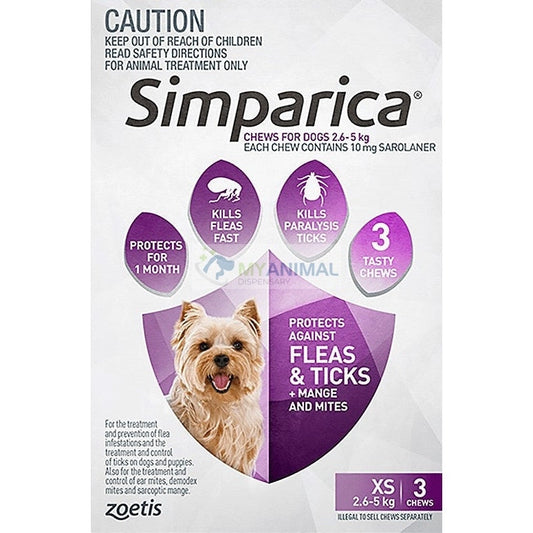 Simparica Chewable Fleas Ticks Mites Prevention for dogs 2.6-5kg